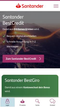 Vorschau der mobilen Webseite www.santander.de, Santander Consumer Bank AG