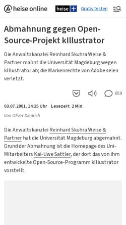 Vorschau der mobilen Webseite www.heise.de, Abmahnung gegen Open-Source-Projekt kIllustrator