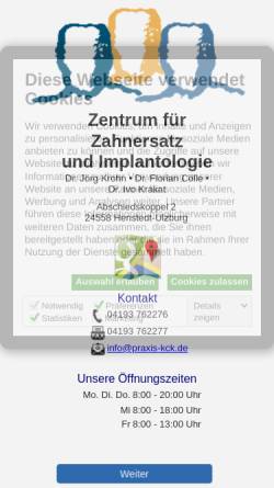 Vorschau der mobilen Webseite www.praxis-kck.de, Zahnärzte Dr. Jörg Krohn, Florian Cölle, Dr. Ivo Krakat