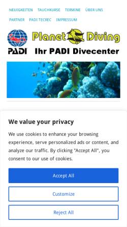 Vorschau der mobilen Webseite www.planet-diving.de, Planet Diving