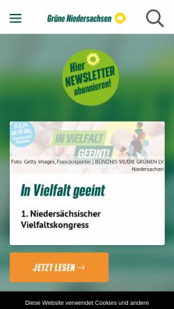 Vorschau der mobilen Webseite www.gruene-niedersachsen.de, Bündnis 90/Die Grünen Landesverband Niedersachsen