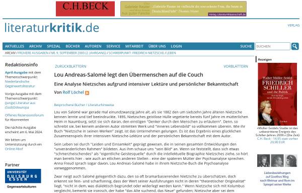 Vorschau von www.literaturkritik.de, Lou Andreas-Salomé: Nietzsche in seinen Werken