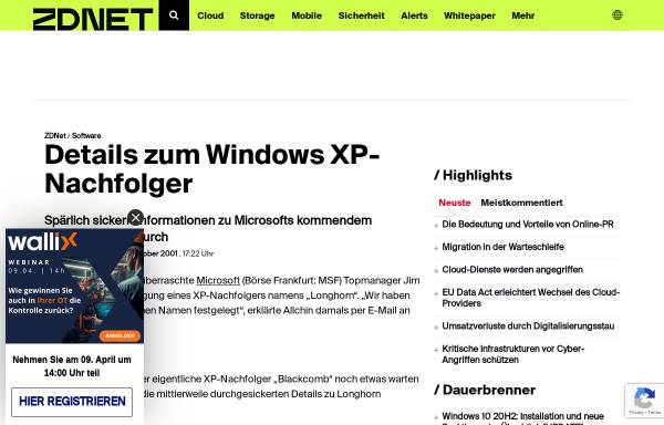Vorschau von www.zdnet.de, ZDNet News - Software - Details zum Windows XP-Nachfolger