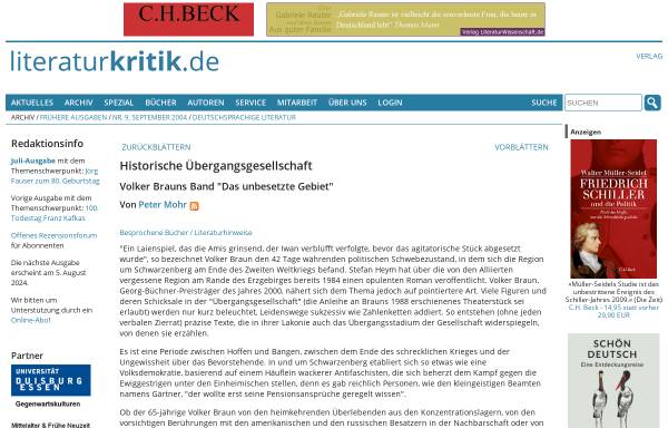 Vorschau von www.literaturkritik.de, Volker Braun: Das unbesetzte Gebiet