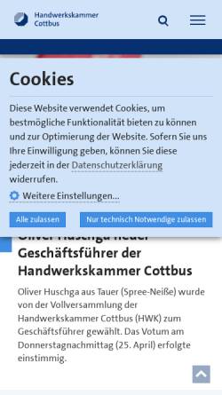 Vorschau der mobilen Webseite www.hwk-cottbus.de, Handwerkskammer Cottbus