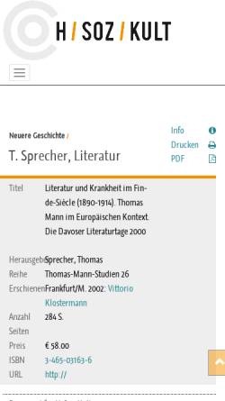 Vorschau der mobilen Webseite hsozkult.geschichte.hu-berlin.de, Rezension: Literatur und Krankheit im Fin-de-Siècle. Thomas Mann im Europäischen Kontext.