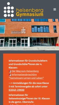 Vorschau der mobilen Webseite www.heisenberggymnasium.de, Heisenberg-Gymnasium Gladbeck