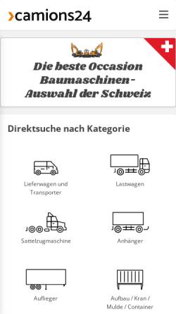 Vorschau der mobilen Webseite www.camions24.com, Camions24, Schweizer Onlineportal für gebrauchte Nutzfahrzeuge - Populaer AG