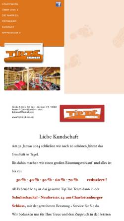 Vorschau der mobilen Webseite www.tiptoe-shoes.de, Tiptoe-Shoes - Kinderschuhe in Tegel