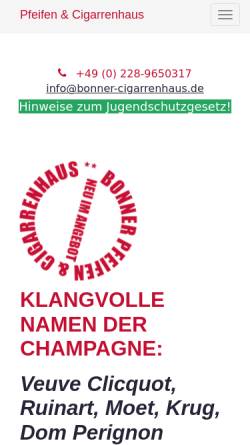 Vorschau der mobilen Webseite www.pfeife-tabak-zigarre.de, Bonner Pfeifen- & Cigarrenhaus