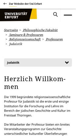 Vorschau der mobilen Webseite www.uni-erfurt.de, Lehrstuhl für Judaistik Uni Erfurt