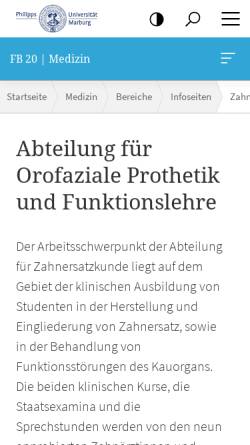 Vorschau der mobilen Webseite www.uni-marburg.de, Abteilung für Zahnärztliche Propädeutik und Kiefer-Gesichts-Prothetik der Universität Marburg