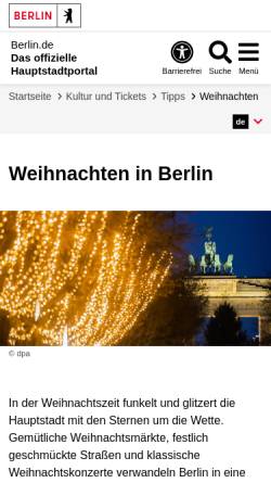 Vorschau der mobilen Webseite www.weihnachteninberlin.de, Berlin Weihnachtsmärkte by BerlinOnline Stadtportal GmbH & Co. KG