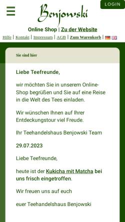 Vorschau der mobilen Webseite www.benjowskitea.de, Benjowski Teehandelshaus Berlin