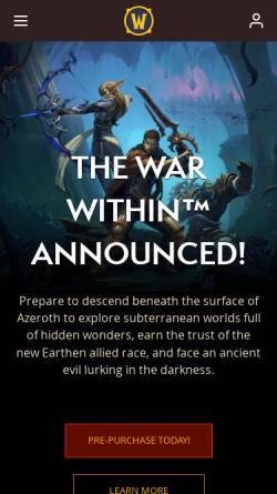 Vorschau der mobilen Webseite worldofwarcraft.com, World of Warcraft