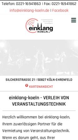 Vorschau der mobilen Webseite www.einklang-koeln.de, Einklang-koeln Veranstaltungstechnik & Eventmanagement - Müller Romanski Korchel GbR