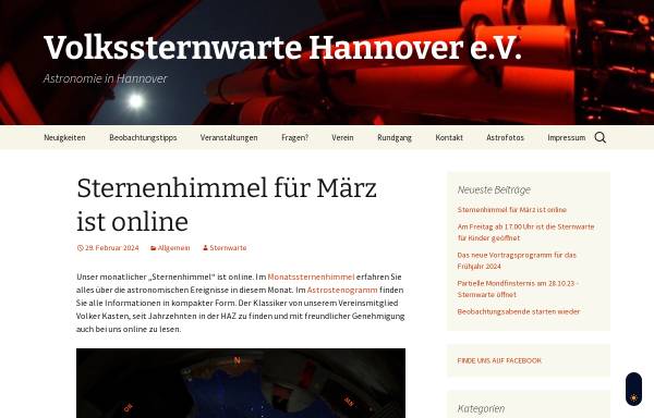 Vorschau von www.sternwarte-hannover.de, Volkssternwarte Geschwister Herschel Hannover e. V.