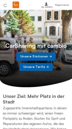 Vorschau der mobilen Webseite www.cambio-carsharing.de, Cambio Mobilitätsservice GmbH & Co.KG