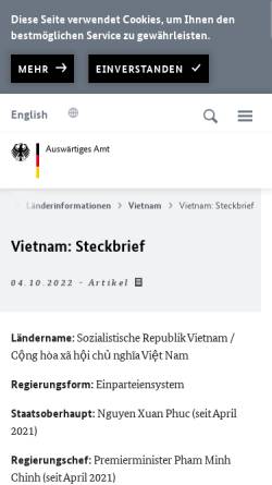 Vorschau der mobilen Webseite www.auswaertiges-amt.de, Auswärtiges Amt - Vietnam