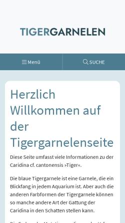 Vorschau der mobilen Webseite www.tigergarnelen.com, Rote, schwarze und blaue Tigergarnele und deren Haltung