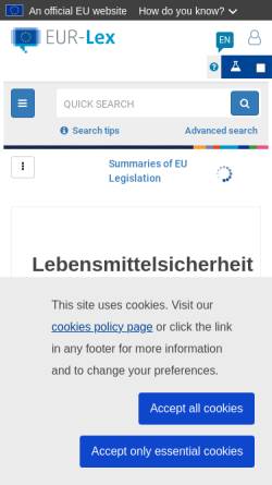 Vorschau der mobilen Webseite eur-lex.europa.eu, EU - Lebensmittelhygiene - Verordnung (EG) Nr. 852/2004