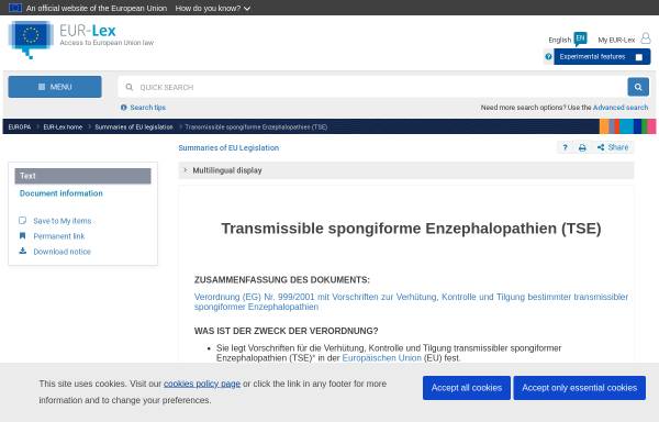 EU - Verordnung (EG) Nr. 999/2001 mit Vorschriften zur Verhütung, Kontrolle und Tilgung bestimmter transmissibler spongiformer Enzephalopathien (TSE)