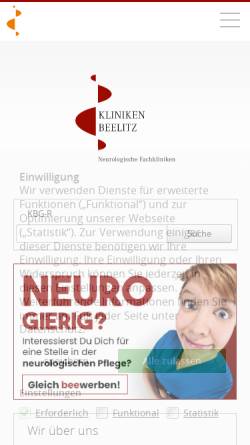 Vorschau der mobilen Webseite www.recura-kliniken.de, Neurologische Rehabilitationsklinik Beelitz-Heilstätten