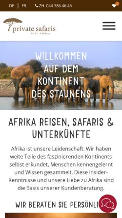 Vorschau der mobilen Webseite www.privatesafaris.ch, Privat Safaris