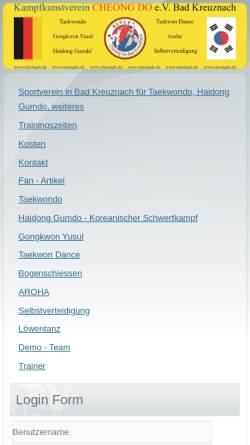 Vorschau der mobilen Webseite www.cheongdo.de, Kampfkunstverein Cheong Do, Bad Kreuznach