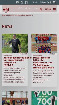 Vorschau der mobilen Webseite www.wuerttfv.de, Württembergischer Fußballverband e. V.