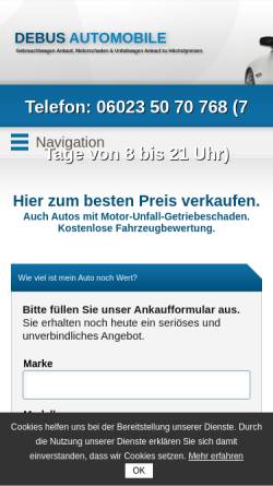 Vorschau der mobilen Webseite www.auto-debus.de, Autoankauf Debus