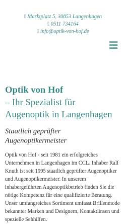 Vorschau der mobilen Webseite www.optik-von-hof.de, Optik von Hof - Inh. Ralf Knuth e.K.