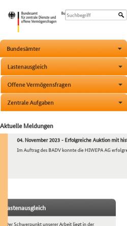 Vorschau der mobilen Webseite www.badv.bund.de, Bundesamt für zentrale Dienste und offene Vermögensfragen (BADV)