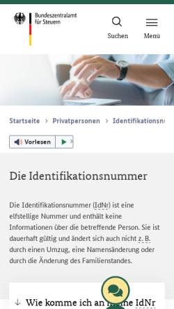 Vorschau der mobilen Webseite www.identifikationsmerkmal.de, Bundeszentralamt für Steuern - Steueridentifikationsnummer