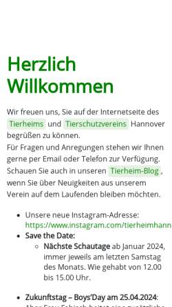 Vorschau der mobilen Webseite www.tierheim-hannover.de, Tierschutzverein für Hannover und Umgebung e.V.