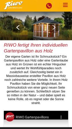 Vorschau der mobilen Webseite www.riwo-pavillons.de, RIWO Gartenpavillons und Gartenhäuser