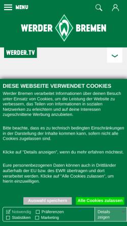 Vorschau der mobilen Webseite www.werder.tv, Werder.tv