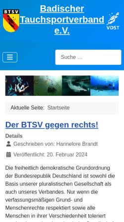 Vorschau der mobilen Webseite www.btsv.de, Badischer Tauchsportverband e.V.