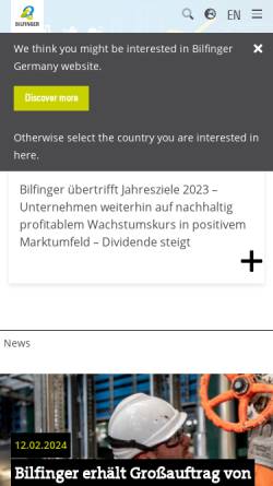 Vorschau der mobilen Webseite www.bilfinger.com, Bilfinger Berger SE