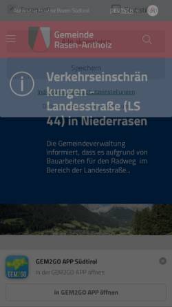 Vorschau der mobilen Webseite www.gemeinde.rasenantholz.bz.it, Gemeinde Rasen Antholz