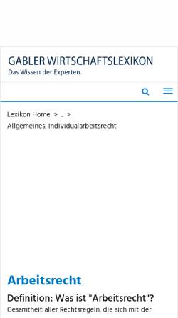 Vorschau der mobilen Webseite wirtschaftslexikon.gabler.de, Gabler Wirtschaftslexikon - Definitionen zum Arbeitsrecht