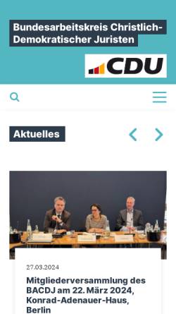 Vorschau der mobilen Webseite www.bacdj.cdu.de, Bundesarbeitskreis Christlich Demokratischer Juristen (BACDJ)
