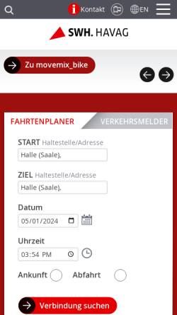 Vorschau der mobilen Webseite www.havag.de, Hallenser Verkehrs AG bei Halle Online