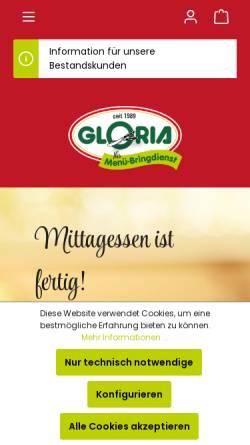 Vorschau der mobilen Webseite gloria-menue.de, Gloria