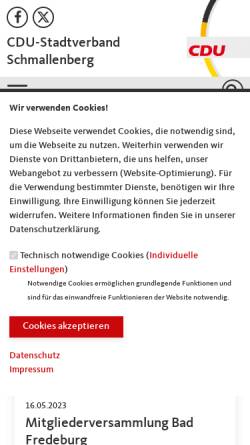 Vorschau der mobilen Webseite www.cdu-schmallenberg.de, CDU-Stadtverband Schmallenberg