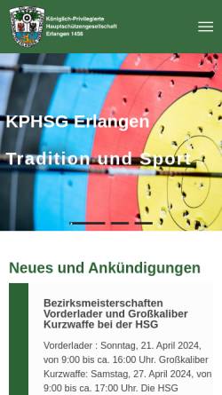 Vorschau der mobilen Webseite www.hsg-erlangen.de, Königlich Privilegierte Hauptschützengesellschaft Erlangen