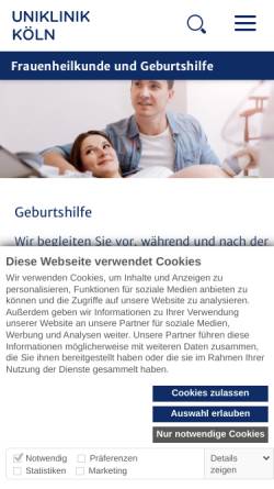 Vorschau der mobilen Webseite frauenklinik.uk-koeln.de, Klinik und Poliklinik für Frauenheilkunde und Geburtshilfe