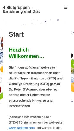 Vorschau der mobilen Webseite www.4blutgruppen.de, 4 Blutgruppen - Ernährung und Diät