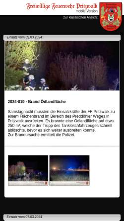 Vorschau der mobilen Webseite www.feuerwehr-pritzwalk.de, Freiwillige Feuerwehr Pritzwalk
