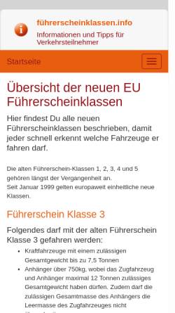 Vorschau der mobilen Webseite www.xn--fhrerscheinklassen-m6b.info, EU Führerscheinklassen